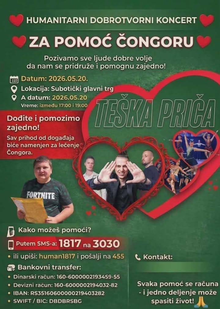 Humanitarni koncert pod nazivom „Za pomoć Čongoru“ danas na subotičkom glavnom trgu